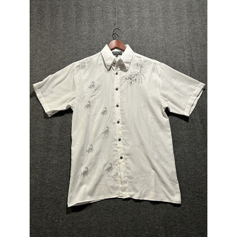 Sefeni Scorpion Embroidered Button Down Shirt White Metal Buttons Men’s Medium‎